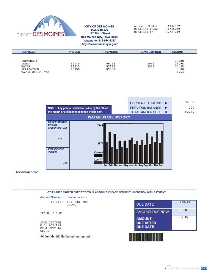 download USA Iowa City of Des Moines water utility bill template in Word and PDF format PDF template